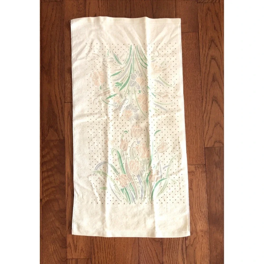 VTG Fieldcrest Floral 3 Piece Towel Set Ivory Peach Tulips Cotton Blend USA NOS